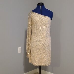 Joyfolie One-Shoulder Sequin Dress in Blush